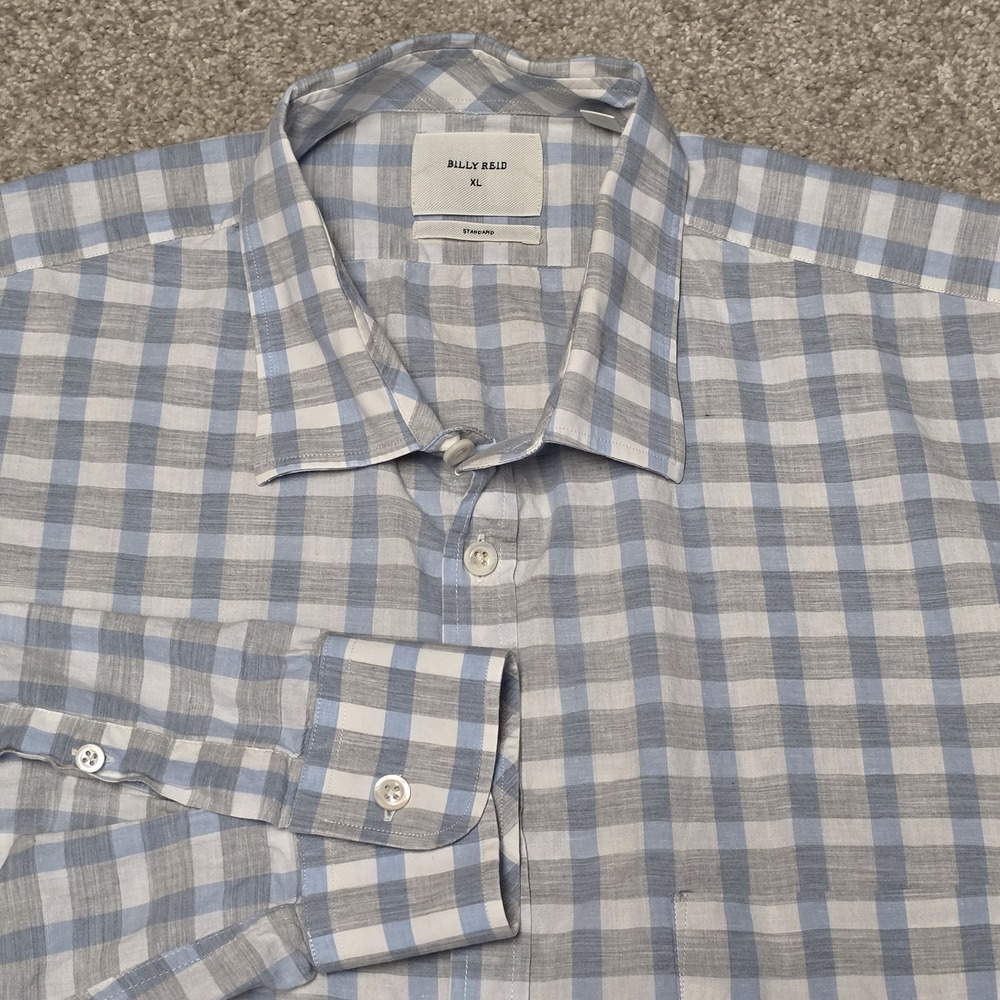 Billy Reid XL Standard Fit‎ Lightweight Plaid Button Front Shirt Blue Gray Italy